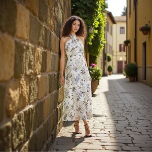 NWT ERDEM Selene Halter Linen Midi Dress Size 12 $1165